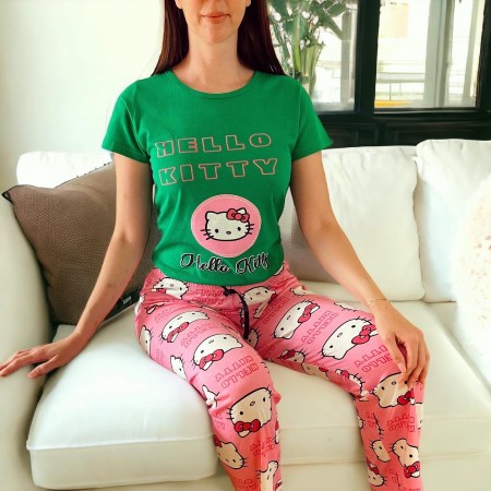 Pijama dama bumbac cu pantaloni lungi roz si tricou verde cu imprimeu Hello Kitty WOW