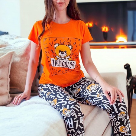 Pijama dama din bumbac cu pantaloni lungi si tricou portocaliu cu imprimeu Urs True Color