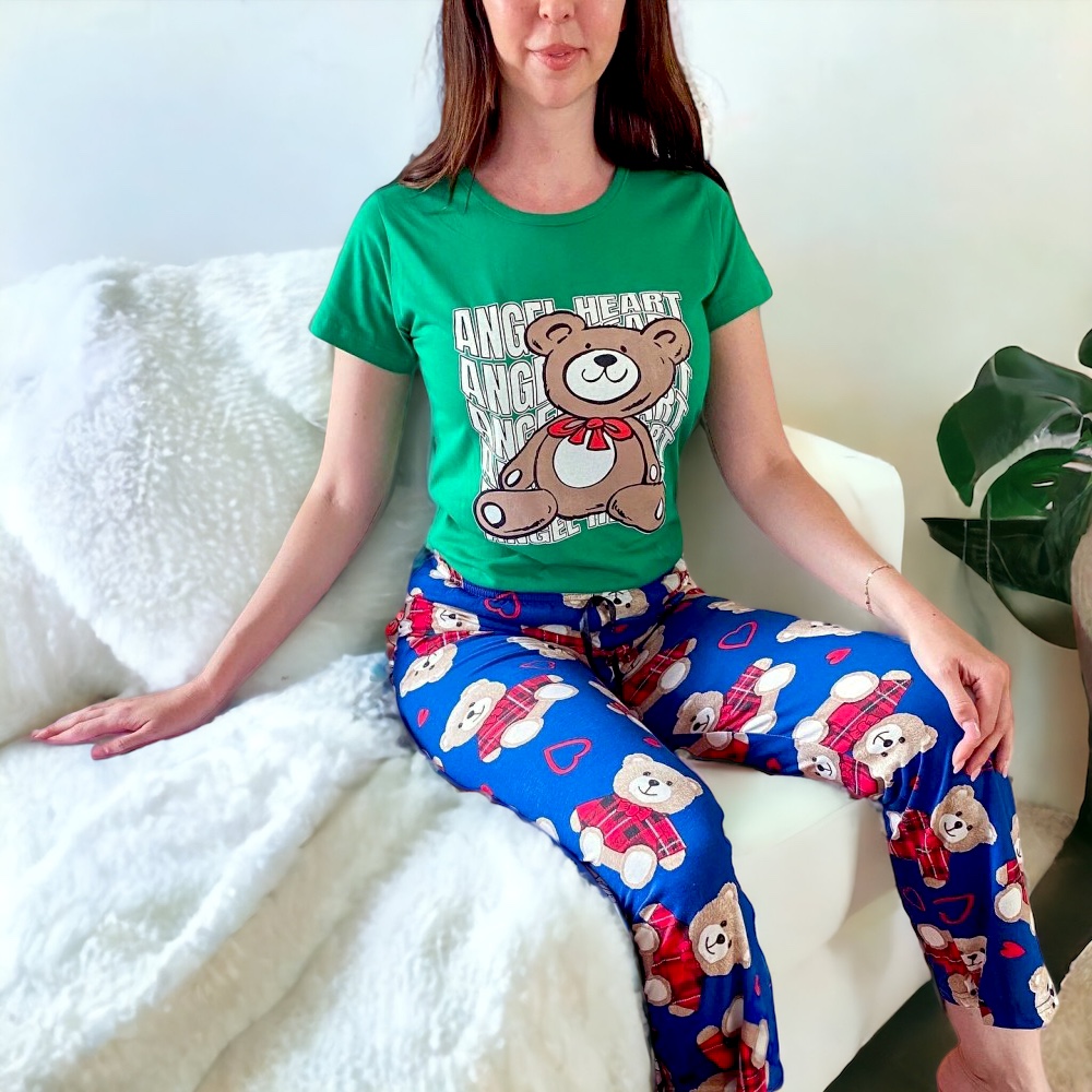 Pijama dama din bumbac cu pantaloni lungi albastri si tricou verde cu imprimeu Urs Angel Heart
