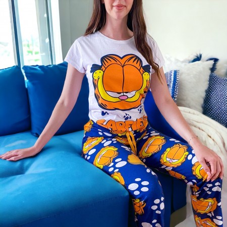Pijama dama din bumbac cu pantaloni lungi albastri si tricou alb cu imprimeu Garfield