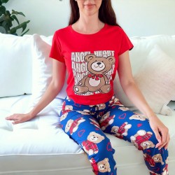 Pijama dama din bumbac cu pantaloni lungi albastri si tricou rosu cu imprimeu Urs Angel Heart