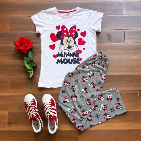 Pijama dama din bumbac cu pantaloni lungi gri si tricou alb cu imprimeu Minnie Jovial