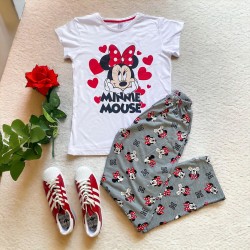 Pijama dama din bumbac cu pantaloni lungi gri si tricou alb cu imprimeu Minnie Jovial