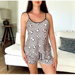 Pijama dama ieftina cu aspect satinat cu maieu si pantaloni scurti cu imprimeu minunat Panda cu dungi albe - Adorabila si Confortabila