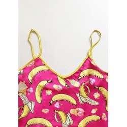 Pijama dama ieftina cu aspect satinat cu maieu si pantaloni scurti cu imprimeu minunat Banana și Înghețată - Bucurie și Distracție Gustativă