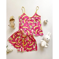 Pijama dama ieftina cu aspect satinat cu maieu si pantaloni scurti cu imprimeu minunat Banana și Înghețată - Bucurie și Distracție Gustativă