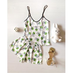 Pijama dama ieftina cu aspect satinat cu maieu si pantaloni scurti cu imprimeu minunat Cute Cat - Funny si tandrete