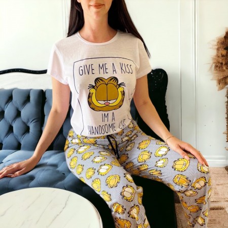 Pijama dama lunga cu pantaloni lungi si tricou cu imprimeu minunat GF Handsome Cat