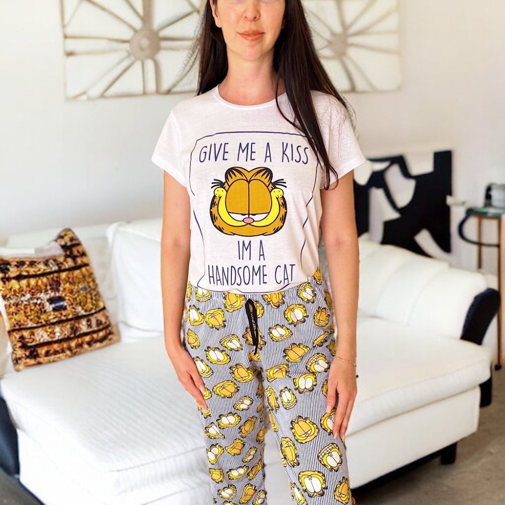 Pijama dama lunga cu pantaloni lungi si tricou cu imprimeu minunat GF Handsome Cat