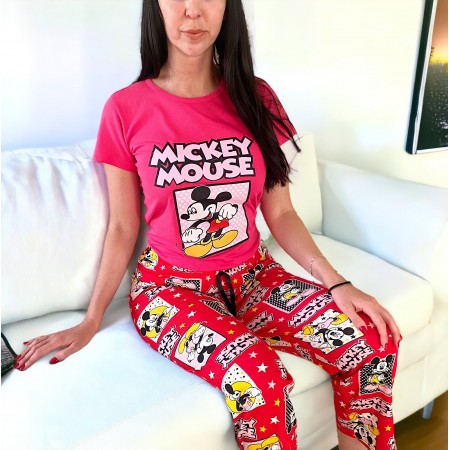 Pijama dama bumbac cu pantaloni lungi rosii si tricou roz cu imprimeu Mickey Star
