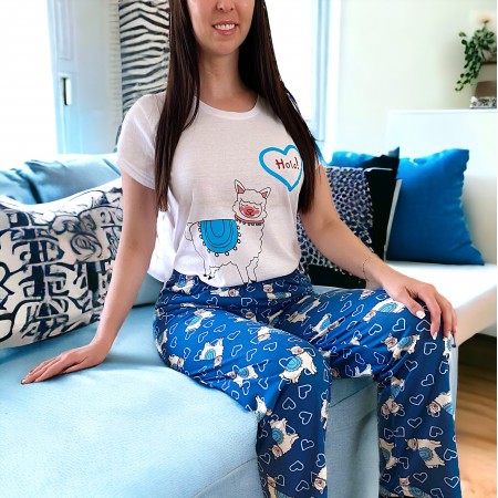 Pijama dama bumbac cu pantaloni lungi albastri si tricou cu imprimeu Hola Oite
