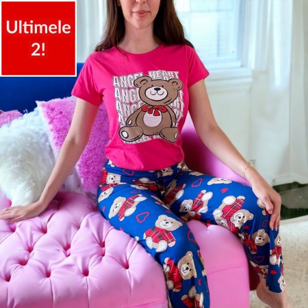 Pijama dama bumbac cu pantaloni lungi si tricou roz minunat cu imprimeu Ursulet Angel Heart