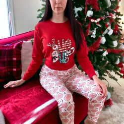 Pijama dama din bumbac gros cu pantaloni si bluza rosie cu maneca lunga cu imprimeu HO Christmas Story