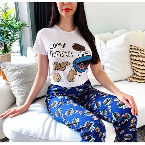 Pijama dama ieftina din bumbac cu pantaloni lungi albastri si tricou alb cu imprimeu Cookie Monster Blue