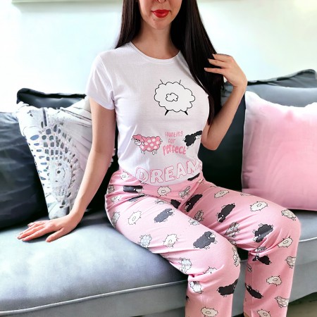 Pijama dama ieftina din bumbac cu pantaloni lungi roz si tricou alb cu imprimeu minunat Oite Dreams