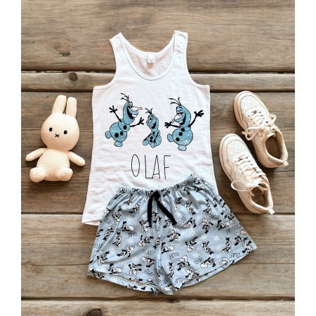Pijama dama bumbac cu maieu alb si pantaloni scurti cu imprimeu OLAF
