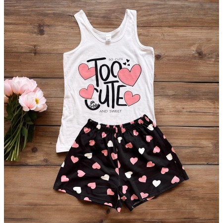 Pijama dama bumbac cu pantaloni scurti negri cu inimioare si maieu alb cu imprimeu TOO CUTE 