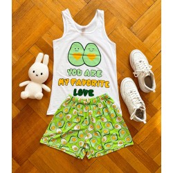 Pijama dama bumbac cu pantaloni scurti verzi si maieu cu imprimeu AVOCADO