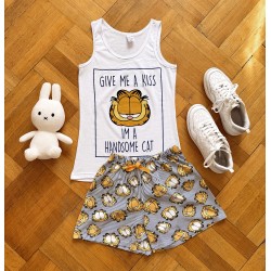 Pijama dama bumbac cu pantaloni scurti si maieu cu imprimeu Garfield HANDSOME