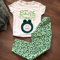 Pijama dama din bumbac cu pantaloni lungi si tricou verde cu imprimeu GROOVY