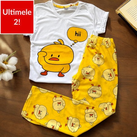 Pijama dama din bumbac cu pantaloni lungi  galbeni si tricou cu imprimeu vesel RATUSCA