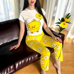 Pijama dama din bumbac cu pantaloni lungi  galbeni si tricou cu imprimeu vesel RATUSCA