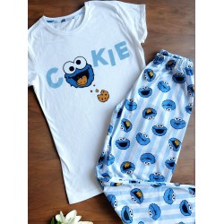 Pijama dama ieftina bumbac lunga cu pantaloni lungi albastri si tricou alb cu imprimeu Cookie