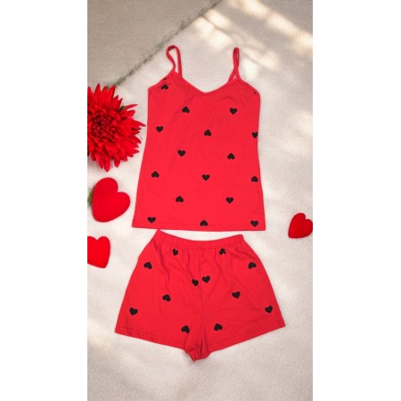 Pijama dama din bumbac cu maieu si pantaloni scurti cu imprimeu inimioare