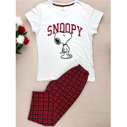 Pijama dama ieftina bumbac lunga cu pantaloni lungi rosii si tricou alb cu imprimeu SNOOPY fericit