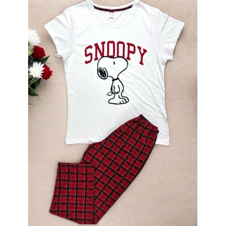 Pijama dama ieftina bumbac lunga cu pantaloni lungi rosii si tricou alb cu imprimeu SNOOPY fericit