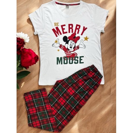 Pijama dama ieftina din bumbac cu pantaloni lungi rosii in carouri si tricou alb cu imprimeu MINNIE FERICITA