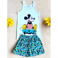 Pijama dama ieftina din bumbac formata din maieu alb si pantaloni scurti albastri cu imprimeu cu  Mickey Happy
