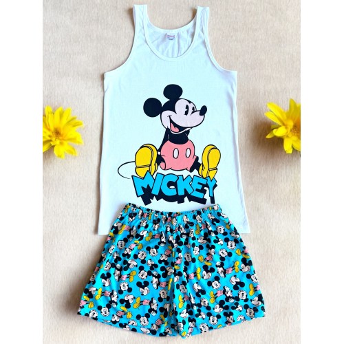 Pijama dama ieftina din bumbac formata din maieu alb si pantaloni scurti albastri cu imprimeu cu  Mickey Happy