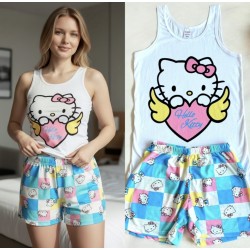 Pijama dama ieftina bumbac scurta cu maieu alb si pantaloni scurti colorati cu imprimeu Hello Kitty Angel Heart