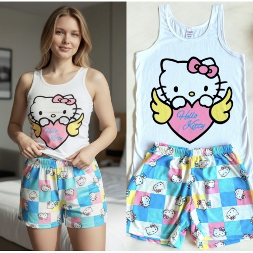 Pijama dama ieftina bumbac scurta cu maieu alb si pantaloni scurti colorati cu imprimeu Hello Kitty Angel Heart