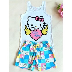 Pijama dama ieftina bumbac scurta cu maieu alb si pantaloni scurti colorati cu imprimeu Hello Kitty Angel Heart