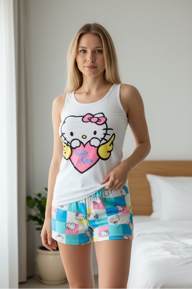 Pijama dama ieftina bumbac scurta cu maieu alb si pantaloni scurti colorati cu imprimeu Hello Kitty Angel Heart