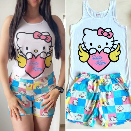 Pijama dama ieftina bumbac scurta cu maieu alb si pantaloni scurti colorati cu imprimeu Hello Kitty Angel Heart