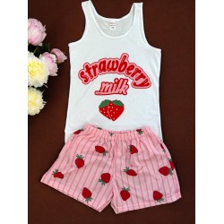 Pijama dama ieftina bumbac scurta cu pantaloni scurti roz cu dungi si capsuni si maieu cu imprimeu Strawberry