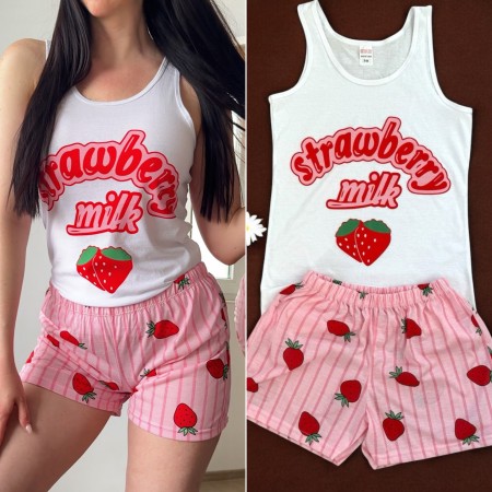 Pijama dama ieftina bumbac scurta cu pantaloni scurti roz cu dungi si capsuni si maieu cu imprimeu Strawberry