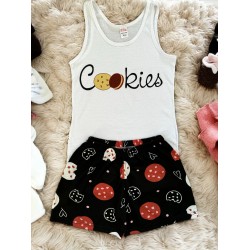 Pijama dama ieftina din bumbac formata din pantaloni scurti negri si maieu cu imprimeu COOKIES