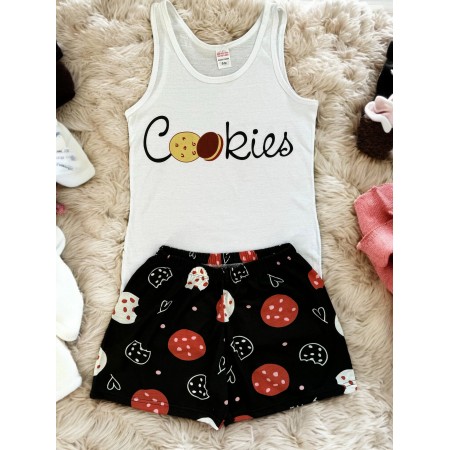 Pijama dama ieftina din bumbac formata din pantaloni scurti negri si maieu cu imprimeu COOKIES