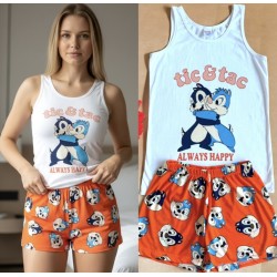 Pijama dama ieftina din bumbac formata din pantaloni scurti portocalii si maieu cu imprimeu ALWAYS HAPPY