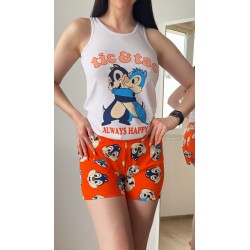 Pijama dama ieftina din bumbac formata din pantaloni scurti portocalii si maieu cu imprimeu ALWAYS HAPPY