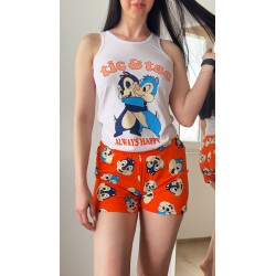 Pijama dama ieftina din bumbac formata din pantaloni scurti portocalii si maieu cu imprimeu ALWAYS HAPPY