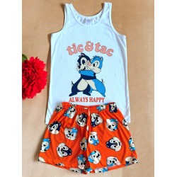 Pijama dama ieftina din bumbac formata din pantaloni scurti portocalii si maieu cu imprimeu ALWAYS HAPPY