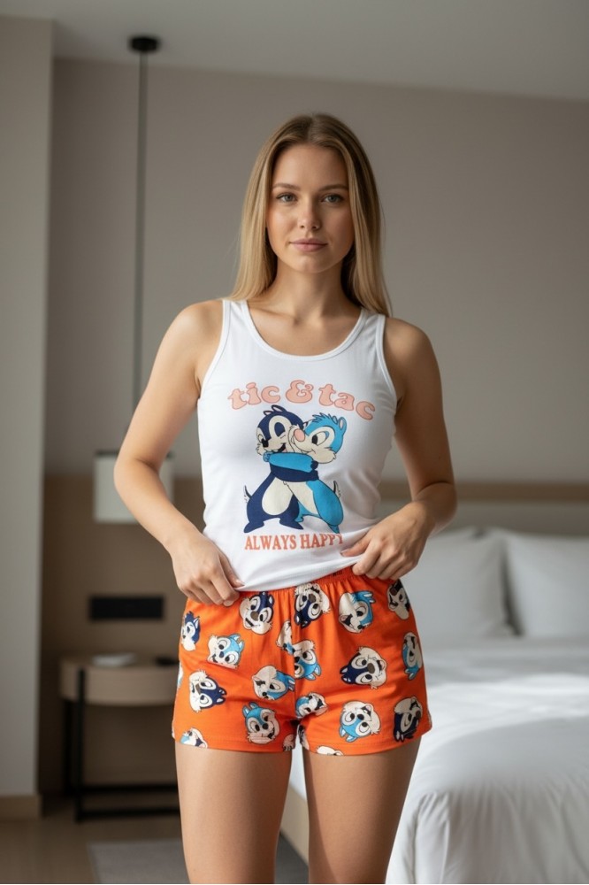 Pijama dama ieftina din bumbac formata din pantaloni scurti portocalii si maieu cu imprimeu ALWAYS HAPPY