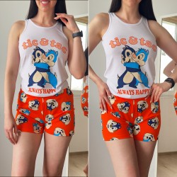 Pijama dama ieftina din bumbac formata din pantaloni scurti portocalii si maieu cu imprimeu ALWAYS HAPPY