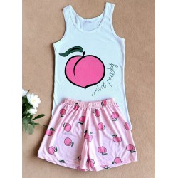 Pijama dama ieftina din bumbac formata din pantaloni scurti roz si maieu cu imprimeu JUST PEACHY
