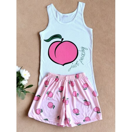 Pijama dama ieftina din bumbac formata din pantaloni scurti roz si maieu cu imprimeu JUST PEACHY